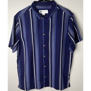 Navy Blue Aeropostale Button Up Short Sleeve Vertical Stripe Camp Shirt Size M